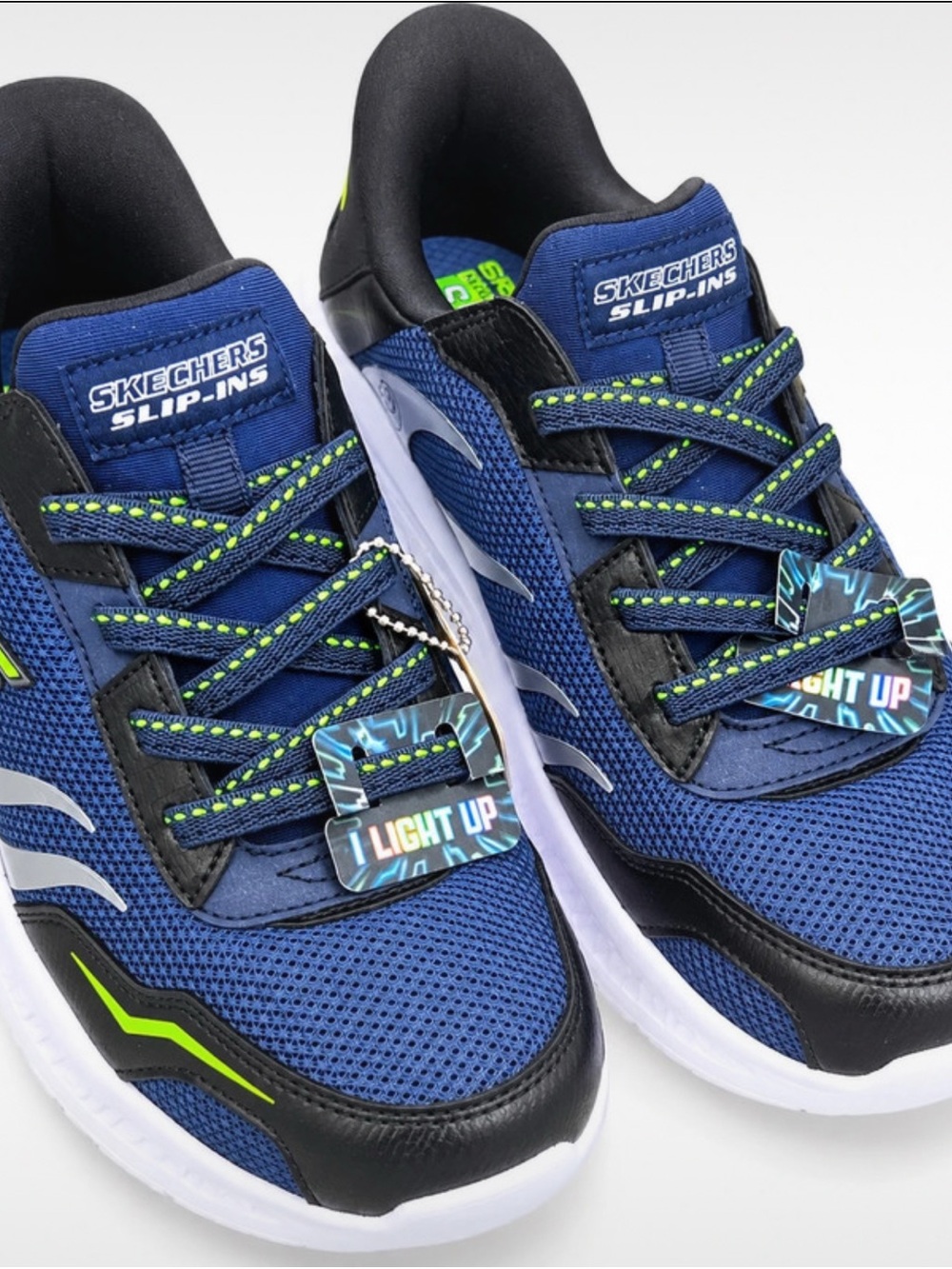 Skechers Kids Blue and Neon Green Light-Up Slip-On Sneakers
